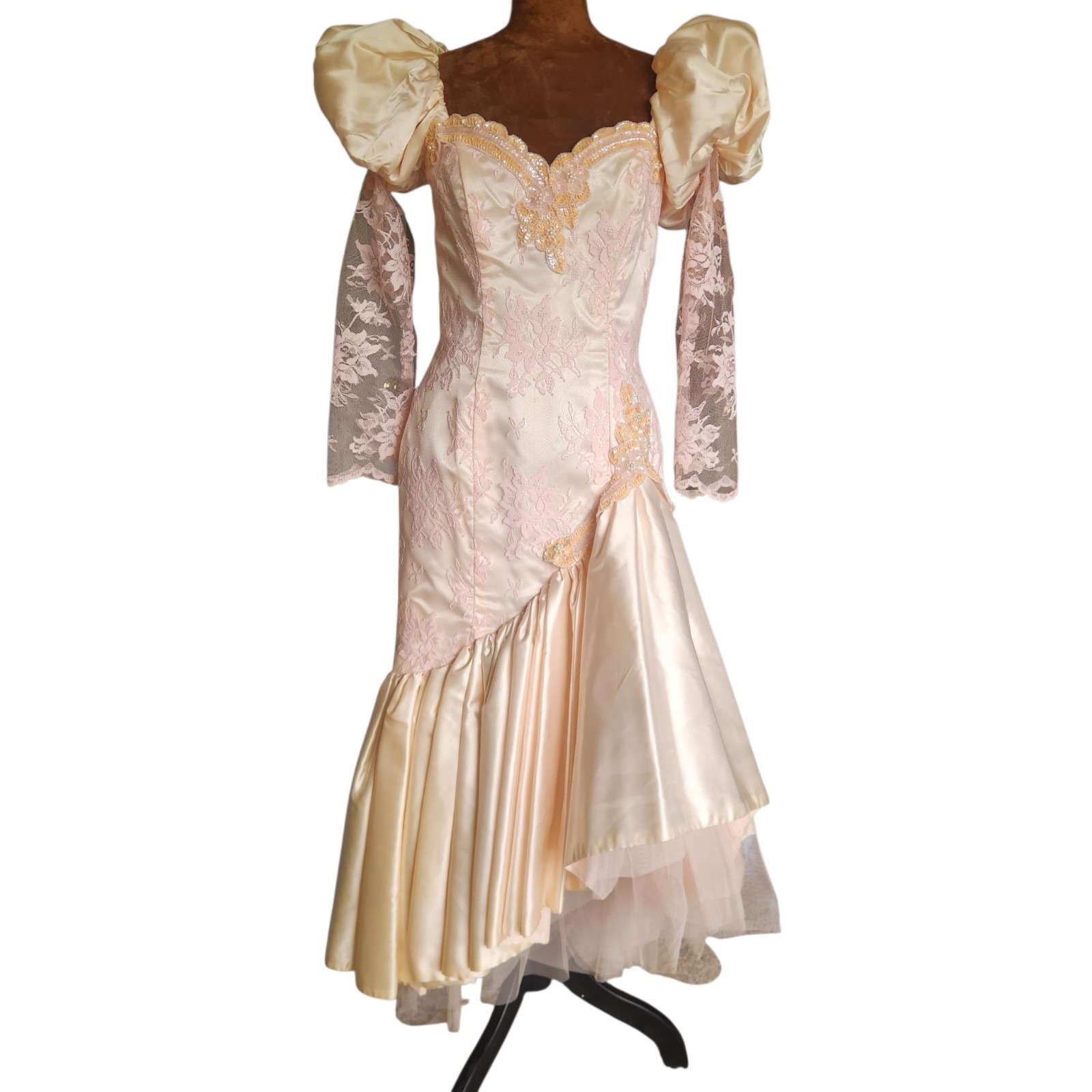 Vintage Loralie 80s Prom Dress Pink Champagne Princess Asymmetrical Lace Full
